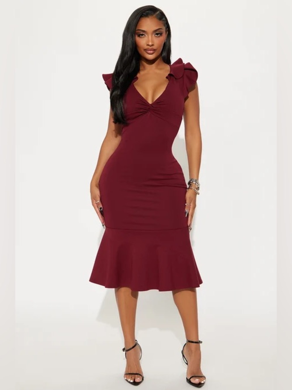 Elegant Burgundy Ruffle-Sleeve Mermaid Dress